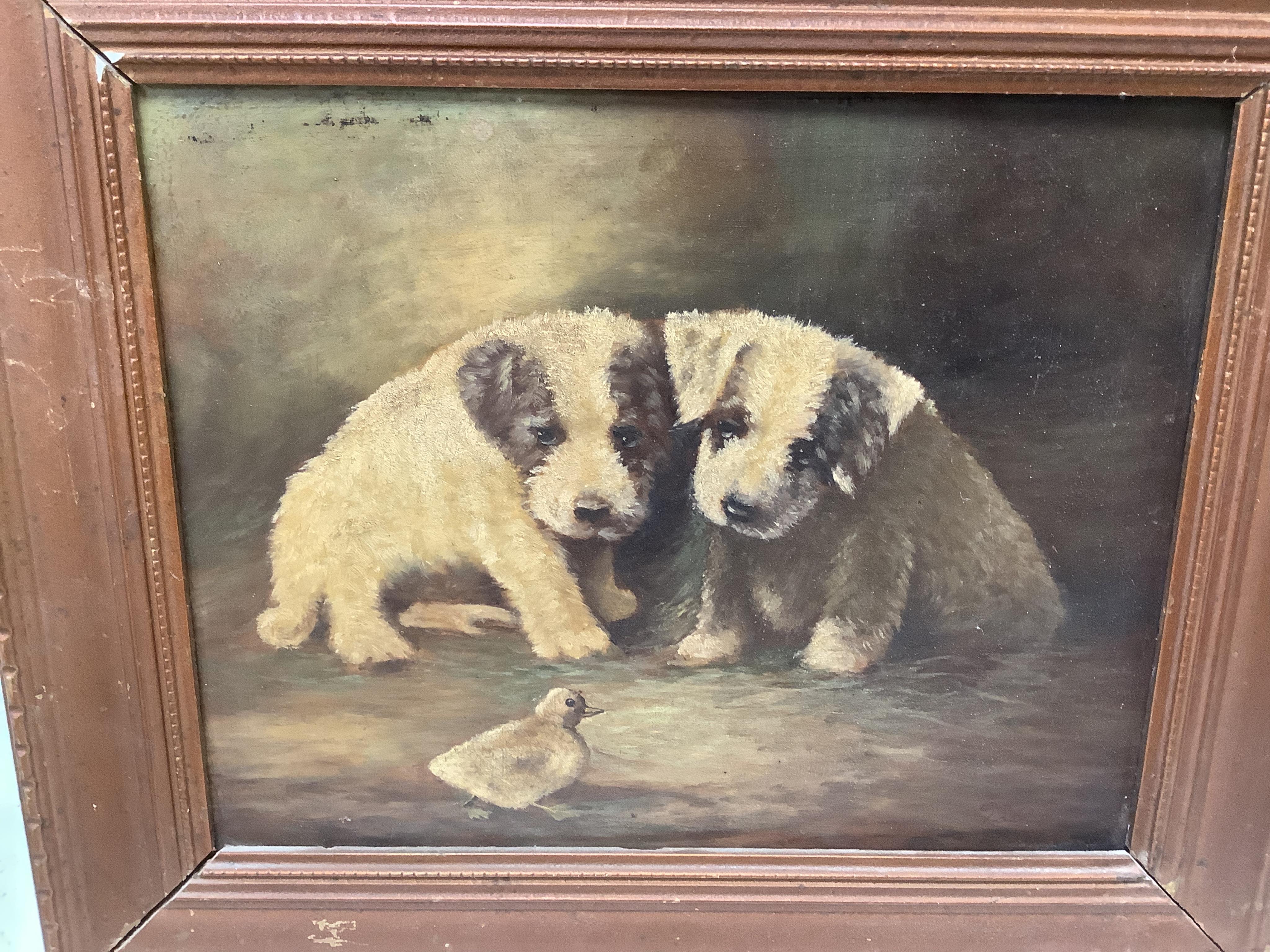 Early 20th century English School, Study of a terrier, unsigned, together with a later study of a chick before two dogs, signed Volle, largest 19 x 24cm. Condition - fair